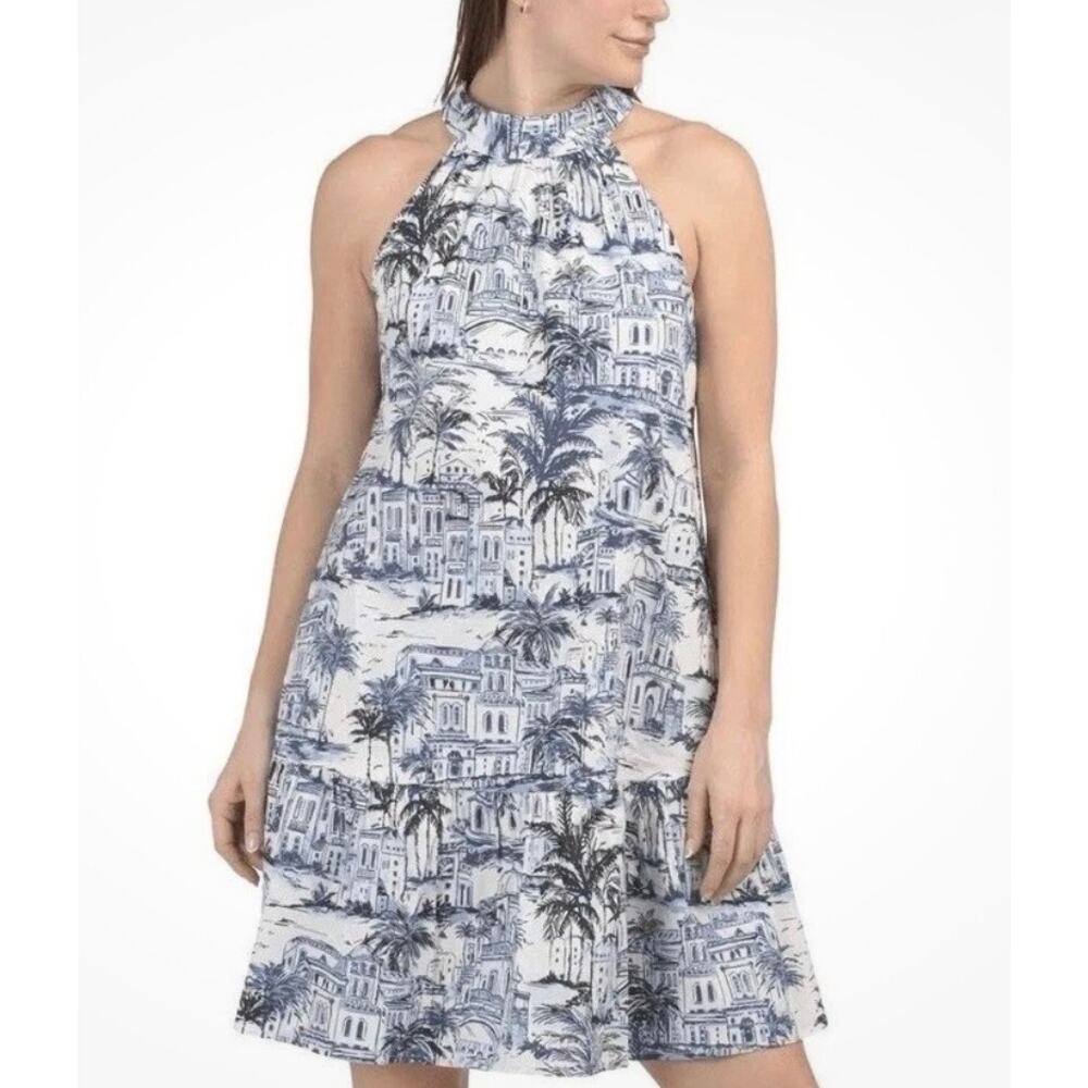 Calypso St Barth Women’s Small Blue White Tropical City Toile Halter Mini Dress